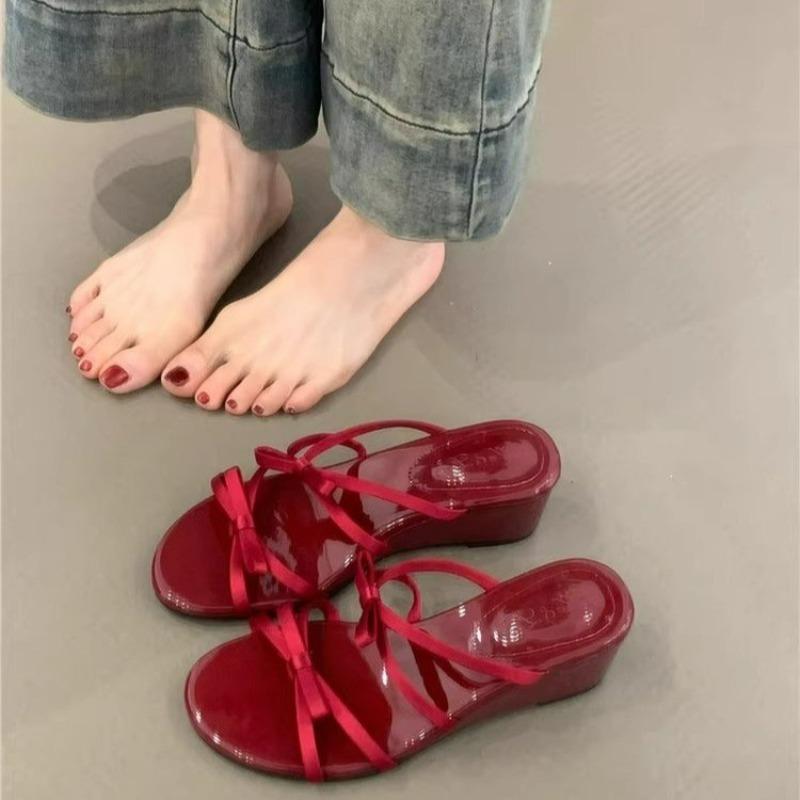 One word with wedge heel sandals for women s summer wear new gentle bow with skirt cool slippers 40 2970₽