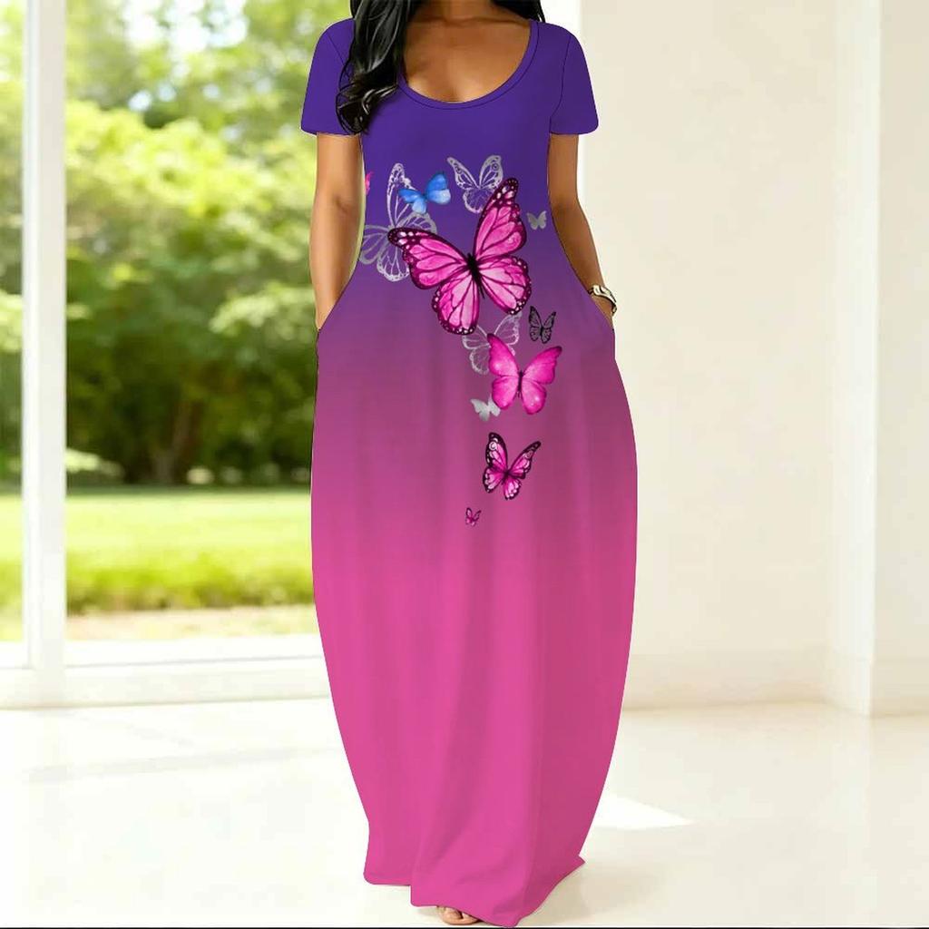 Ladies Curvy Fit Crew Neck Short Sleeve Dress Light Loose Outfit Designed For Summer Daily Hangouts