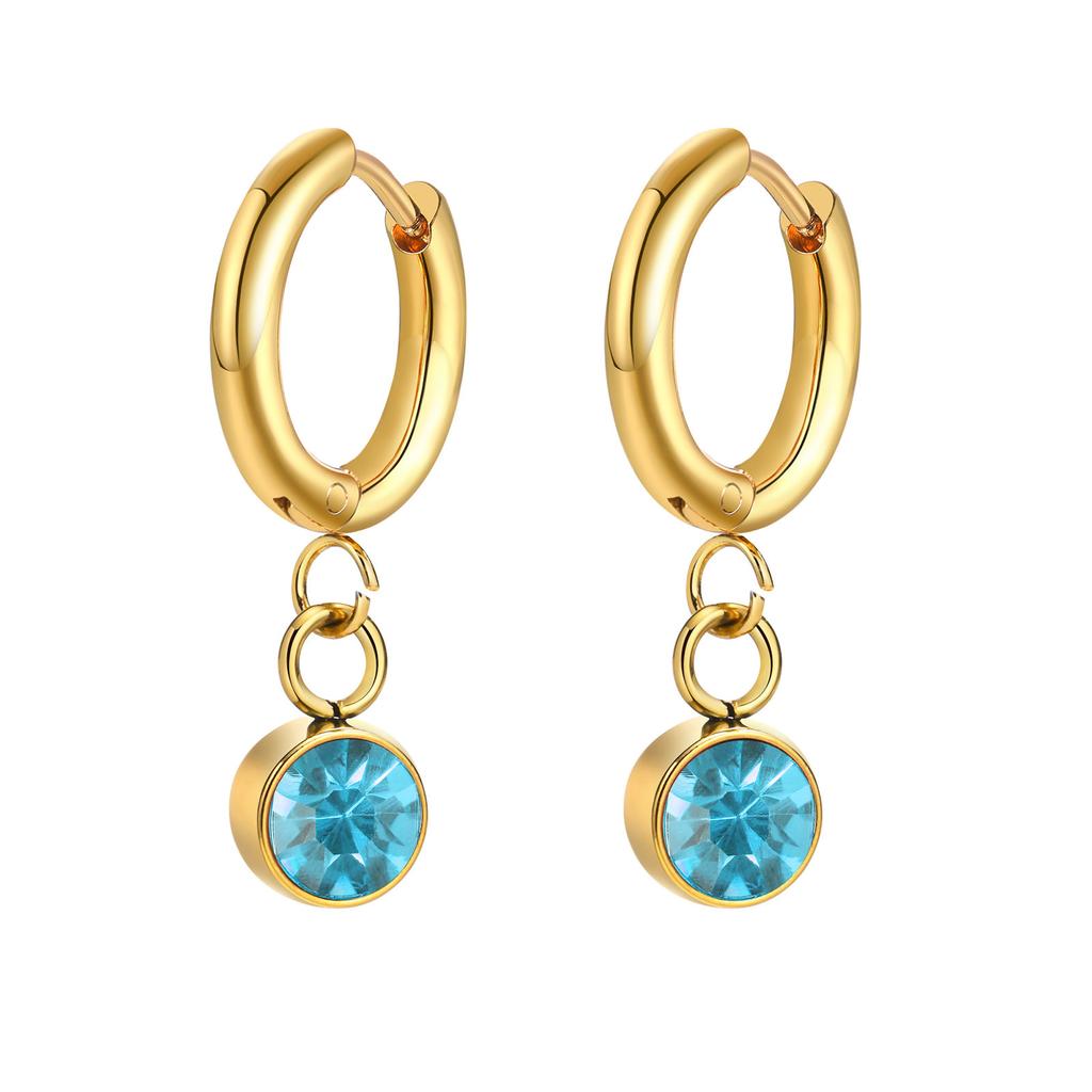 12 Colors Birthstone Huggie Earrings for Women, PVD Gold Color Tone Stainless Steel Brilliant AAA Cubic Zirconia Dangle Ear Clip