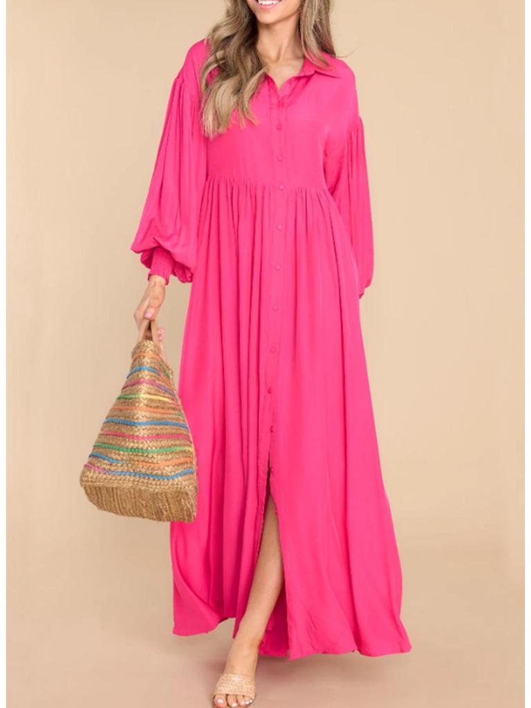 Women's Casual Button-Lapel Solid Color Pleated Long Sleeve Maxi Dress