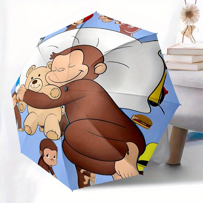 Curious George, Monkey Automatic folding umbrella simple eight rib design, bright color pattern, durable iron frame, ideal for travel and o