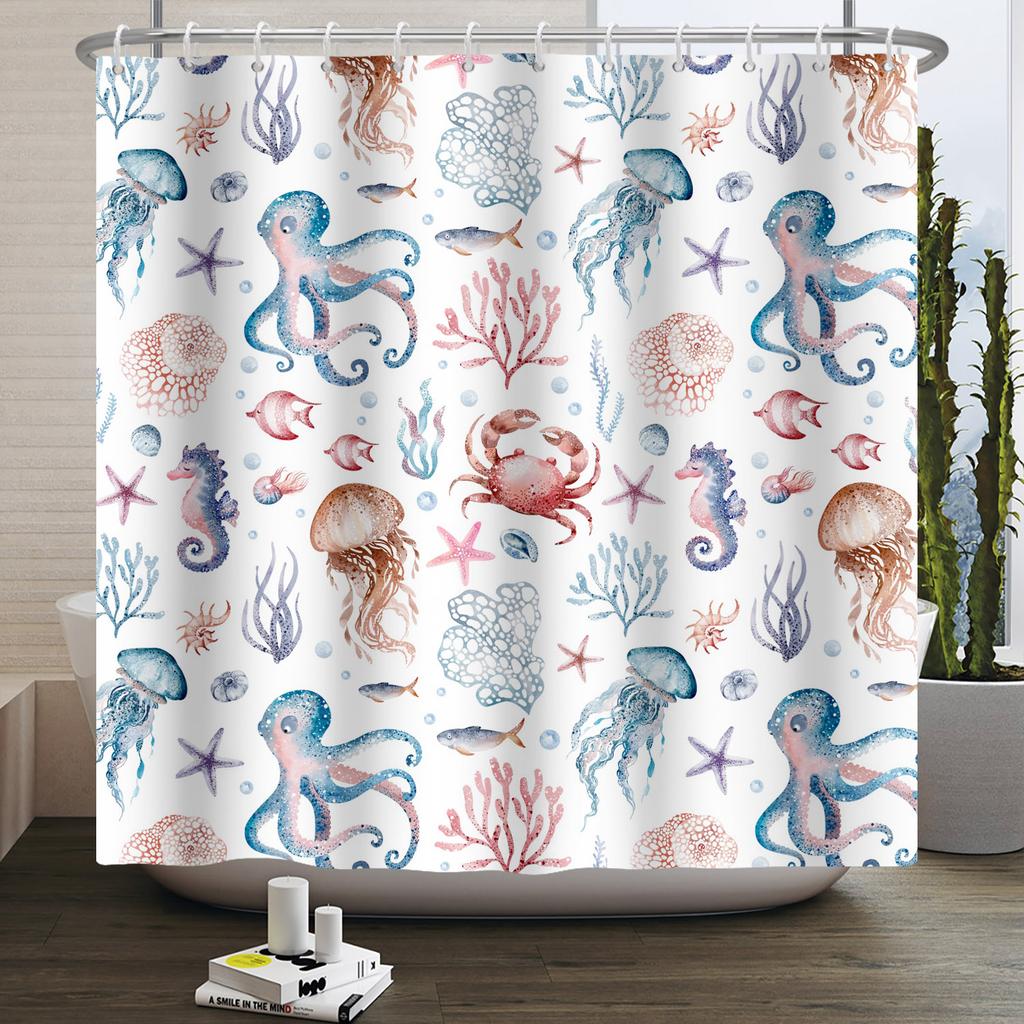 Sea Animals Shower Curtains Cute Dolphin Jellyfish Turtle Starfish Shell Coral Bathroom Bath Curtain Bathtub Privacy Partition
