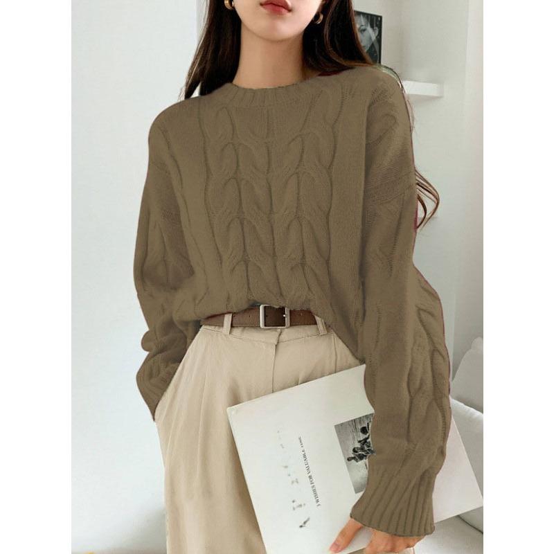 

Повседневный простой вязаный пуловер осень и зима женский с косами свободный круглый вырез однотонный универсальный свитер женский F(42-48) верблюд