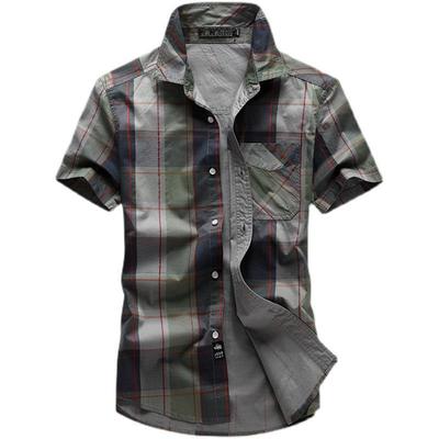 Camisa xadrez masculina de verão, manga curta, casual, de algodão, plus size, solta, respirável, absorve o suor