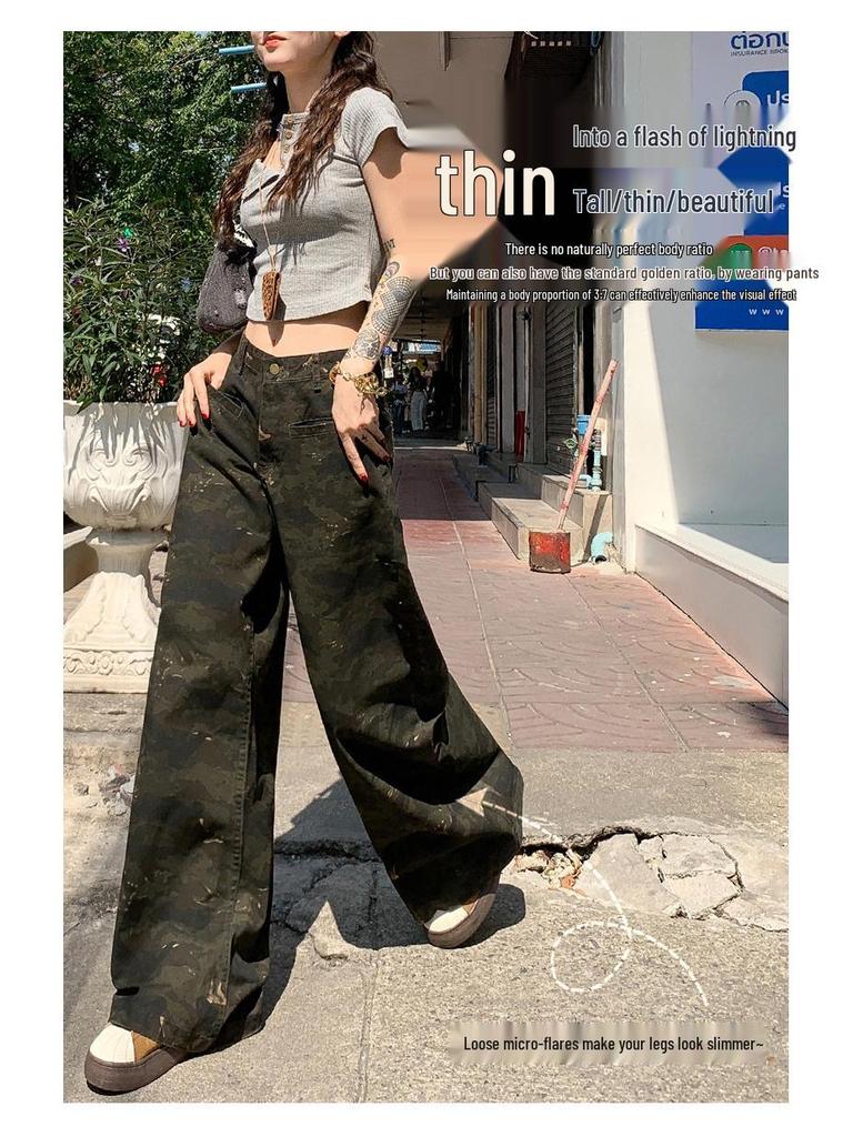 Damen Camouflage Cargo-Hose mit hoher Taille - Sommer 2025, Leicht, Schlankmachend, Lockerer gerader Schnitt Jeans