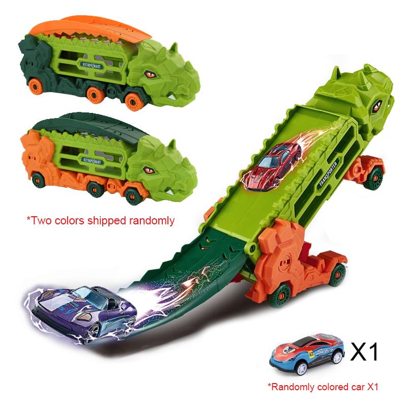 Transport Dinosaur Truck with Foldable Sliding Ra Track, Transforms Into Standing T-Rex & Trike, Best Birthday Gift for Kids