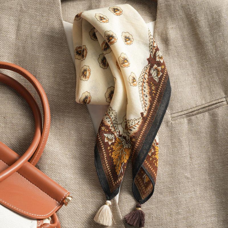 Handmade high-end retro French gemstone silk scarf women's spring and autumn thin cotton and linen small square scarf scarf double-sided scarf