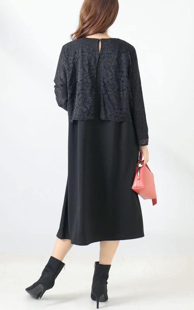 Gold Japan Plus Size Long Midi Size 4L Women's Lace-Docking Dress, Sleeve, Lace, Black, (mncut-122420)