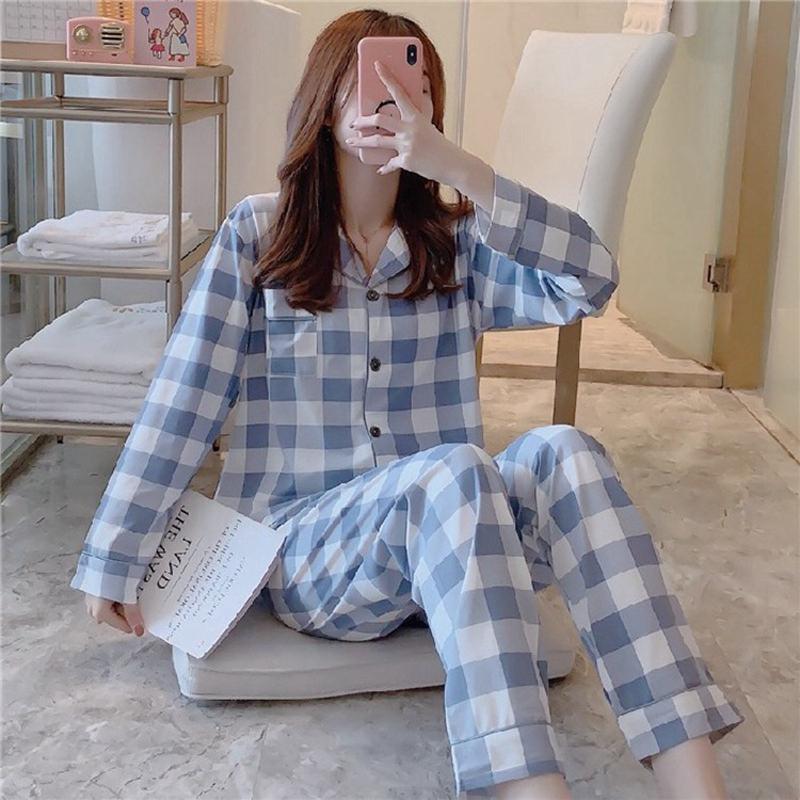 Spring and Autumn Ladies Long Sleeved Pajamas Home Clothing Set Girls Fashion Students Fresh Pink Plaid Pajamas Home Clothing Set