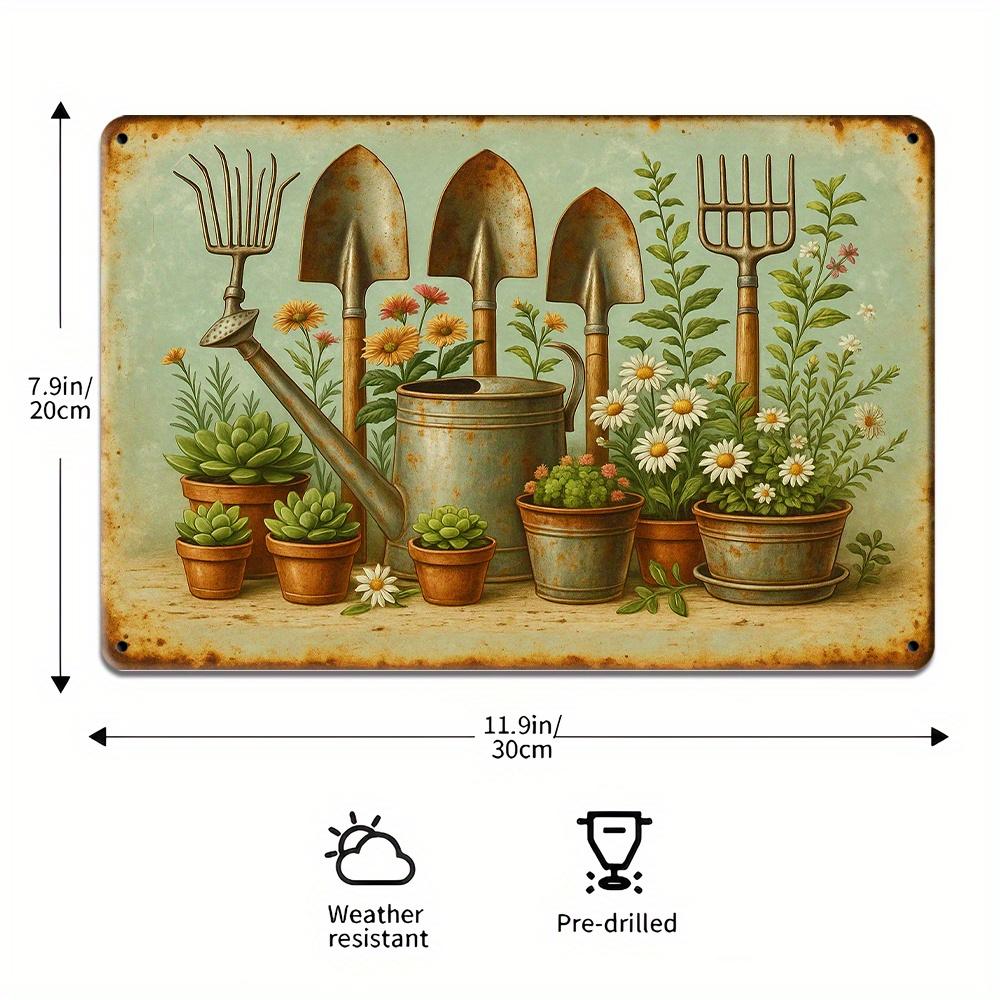 Vintage Gardening Tools Metal Sign - 20.32x30.48cm Rustic Plant Theme Decor for Indoor/Outdoor Spaces