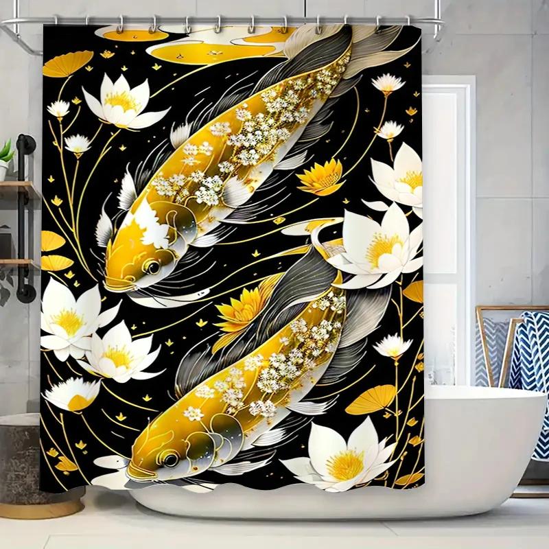 

Golden Fish Bath Mat Shower Curtain With Lotus Flower Printing Waterproof For Home Decor Bathroom Accessories W60H190(CM)-1 Pcs
