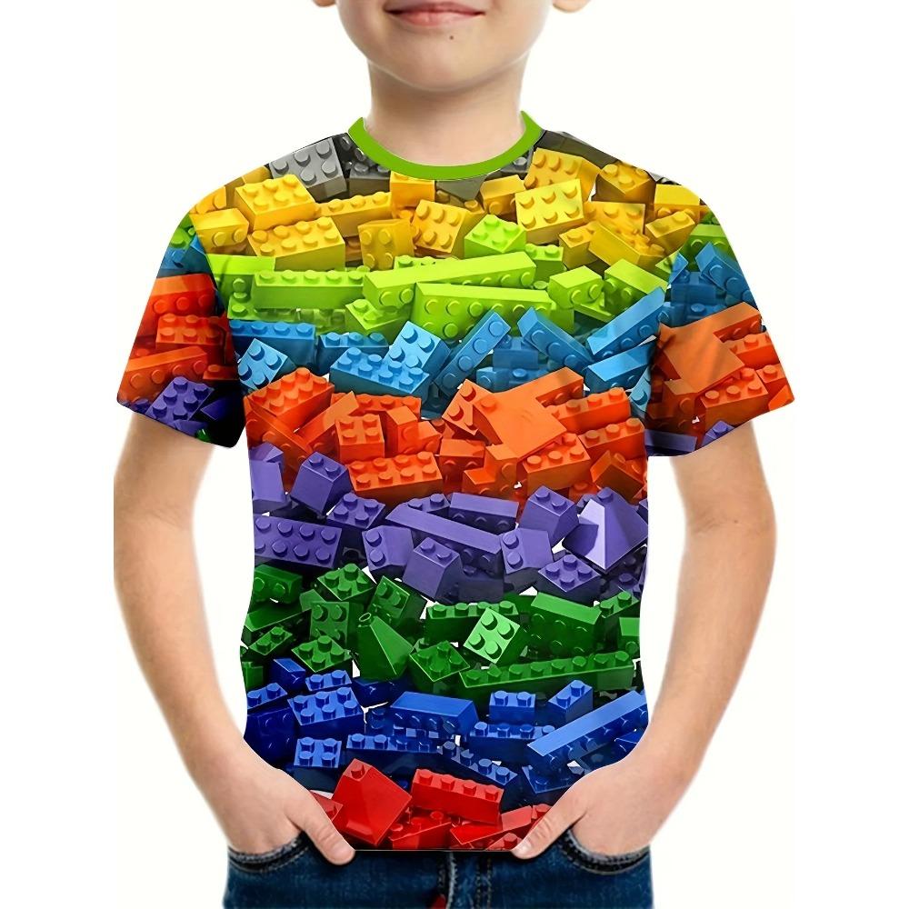 Children's Block Pattern 3D Digital Printed Boys' Fashion and Comfortable Round Neck Short Sleeved T-shirt