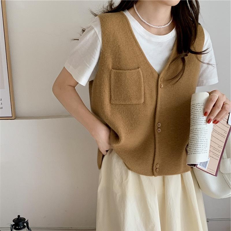 Korean Style Women's V - Neck Knit Vest with Pockets - In Stock, Loose and Lazy - Style Sleeveless Sweater Vest for Autumn and Winter