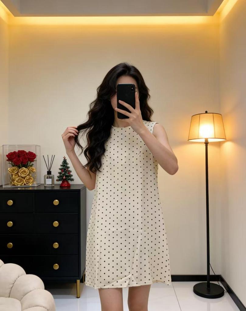 Women's Summer Retro Polka Dot Sleeveless Dress with Round Neck and Back Cutout