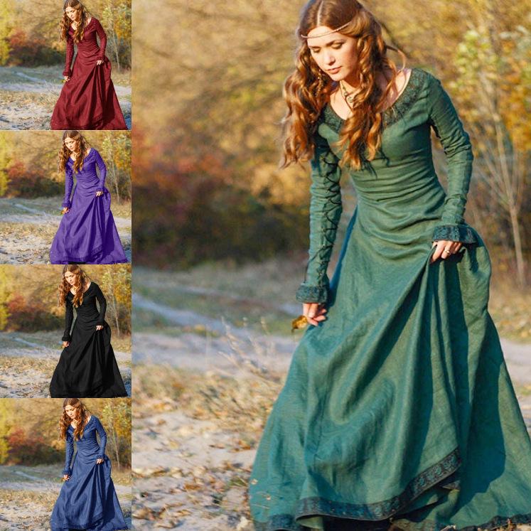 Medieval Retro Long-Sleeved Women's Dress: Party Costume for Stage Performance
