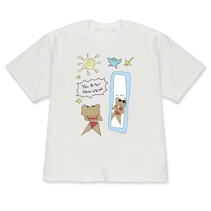 Unisex Cute Mirror Bear Graphic Oversized Tee Loose Short Sleeve Casual Cartoon Streetwear TShirt