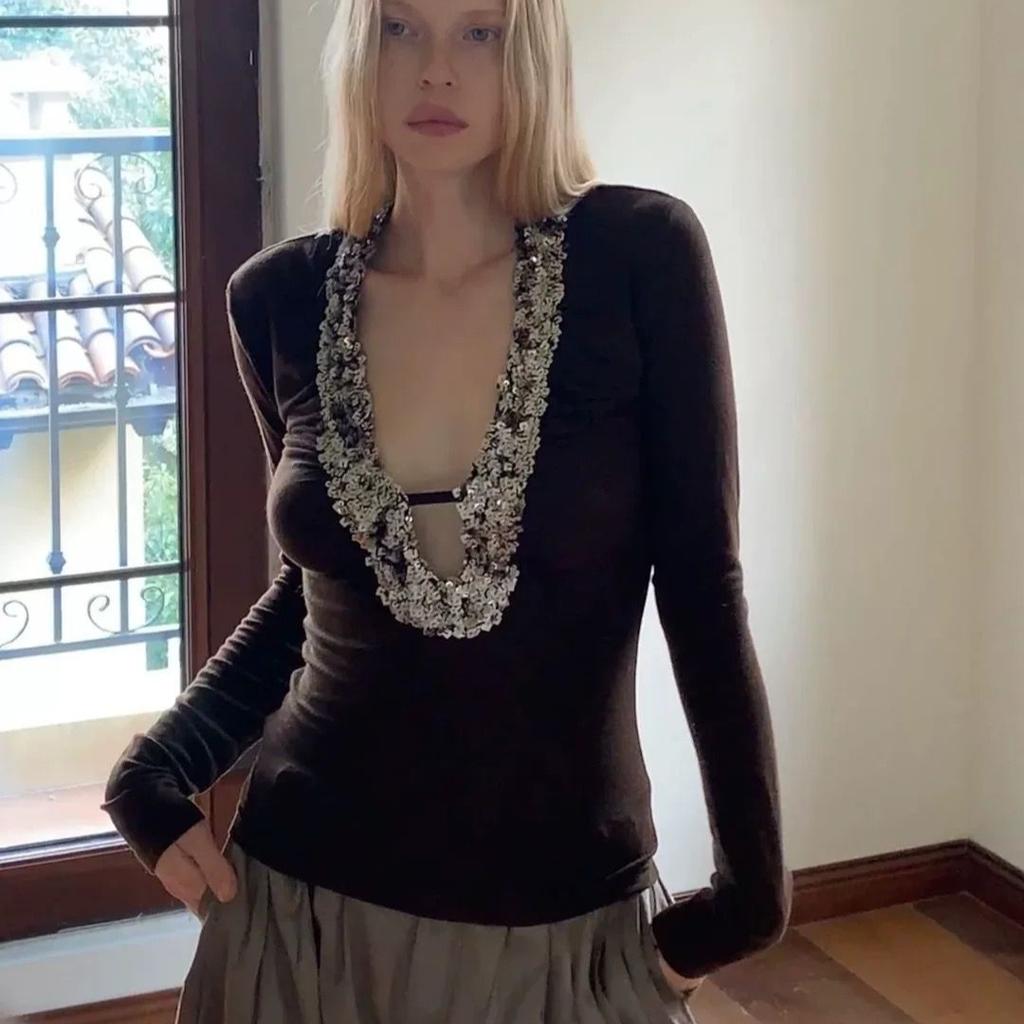 Vintage Patchwork Sequin T-shirt Long Sleeve Sexy Slim Coffee 2000s Clothes Y2k Autumn Tops Tees Female Clothing T Shirt