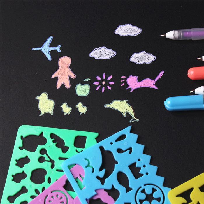 4Pcs Lovely Candy Color Kids Painting Stencil Mini Cartoon Pattern PVC Stencils PVC Hollow Template for Scrapbooking Journal DIY