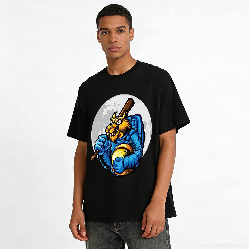Horned Beast Astronaut Print Casual Top With Baseball Bat Pure Cotton T-shirt