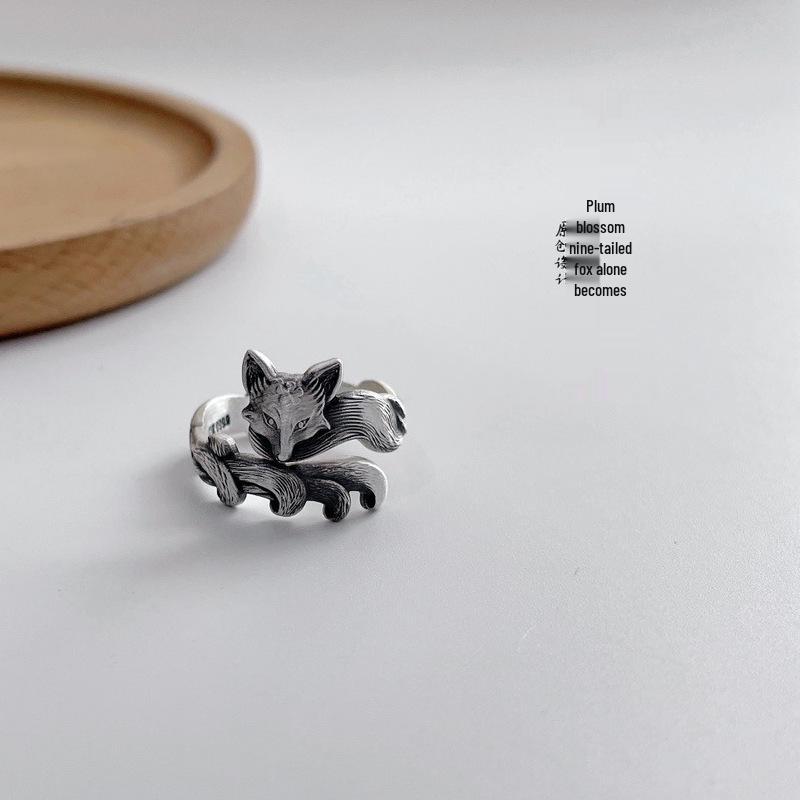 Yin Taifei Thai Silver Retro Fox & Plum Blossom Open Ring – Versatile for Men & Women Adjustable Open Size