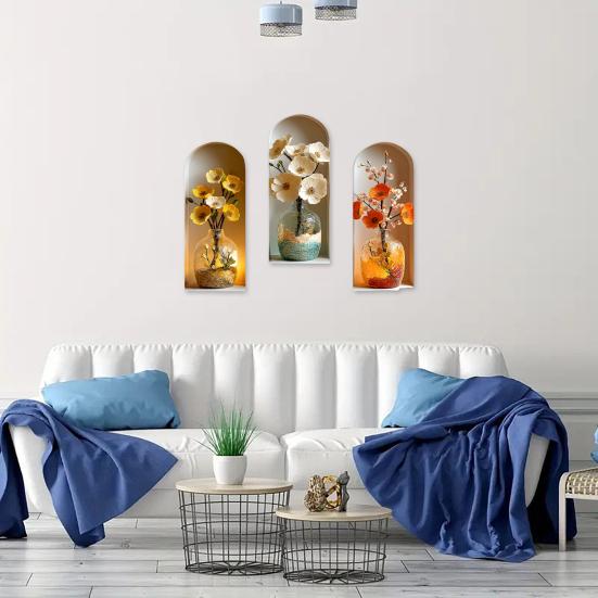 3 Pcs 3D Flower Vase Wall Stickers Faux Flower Wall Art Self-Adhesive Floral Blossom Wall Decals for Bedroom Living Room