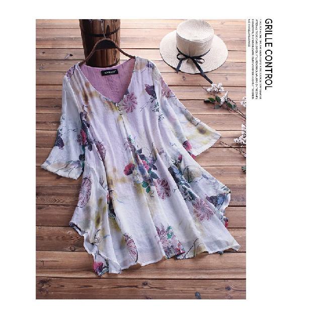 

Платье с v-образным вырезом и цветочным принтом, весенняя свободная женская одежда из хлопка и льна больших размеров, топ-рубашка XXXXL фиолетовый