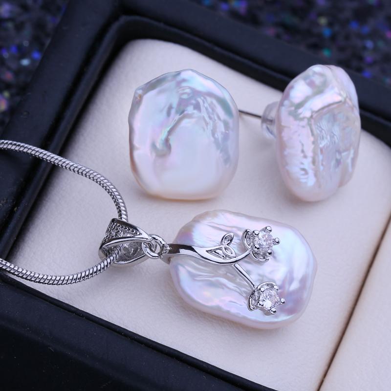 LSOOYH Naturalne słodkowodne duże barokowe perły naszyjnik kwadratowy wisiorek modne kolczyki sztyfty dla kobiet zestawy biżuterii perłowej