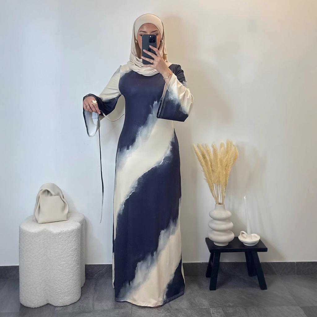 Middle East arabic women's new fashion graffiti printing long sleeve slim dress long dress