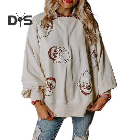 Женская рождественская толстовка с круглым вырезом и пайетками, узором Санты, свободная, с длинными рукавами-фонариками, пуловер, сохраняющий тепло, для вечеринки в Новый год XXL