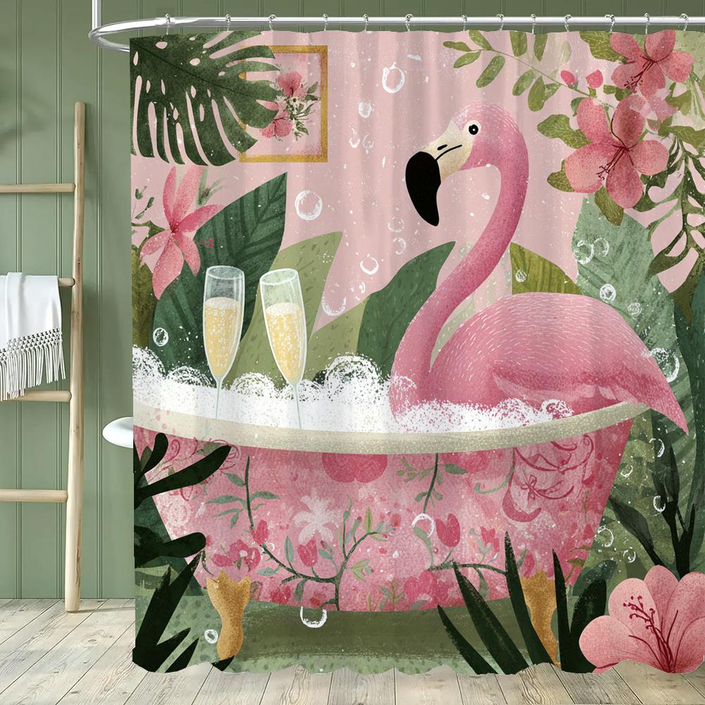 Funny Flaming Bird Bathtub Shower Curtain With Hooks,Tropical Plant Bathroom Curtain,Printed Fabric Home Decoration Curtain
