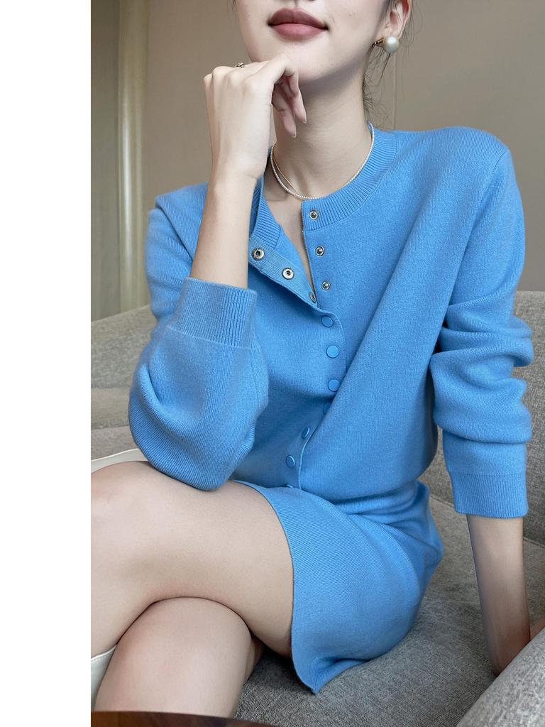PINKEEN Blue Button-Up Knit Cardigan & Skirt Set for Women - Spring 2026, Whitened, Age-Reducing Style