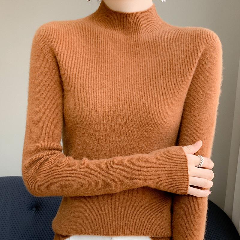 Women's Slim Fit Solid Color Knit Pullover Sweater – Autumn/Winter Long Sleeve Half-High Neck Base Layer