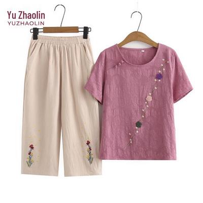 Top de Manga Corta Bordado de Algodón y Lino para Mujer YUZHAOLIN