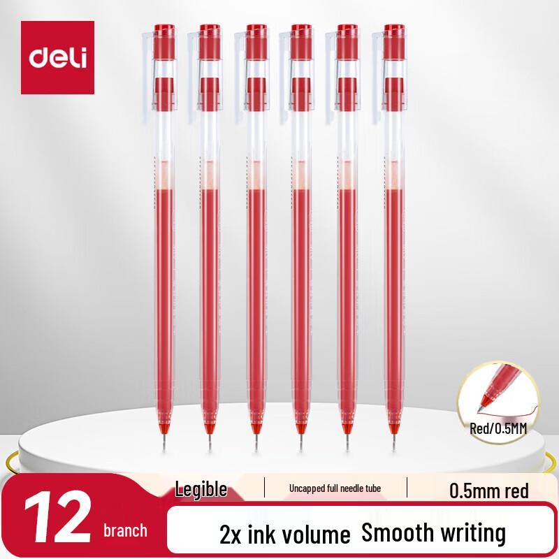 Deli A116 0.5mm Large Capacity Red Gel Pen, 12-Count