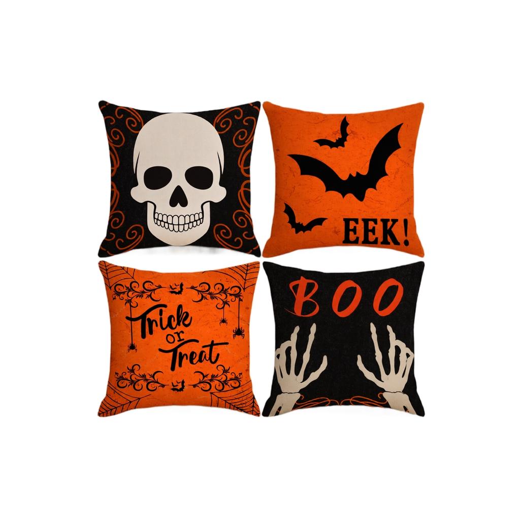 4PCS Halloween Pillow Covers Set Decorative Sofa Cushion Covers Skull Bat Skeleton Print Square Pillowcases 45x45cm Without Insert