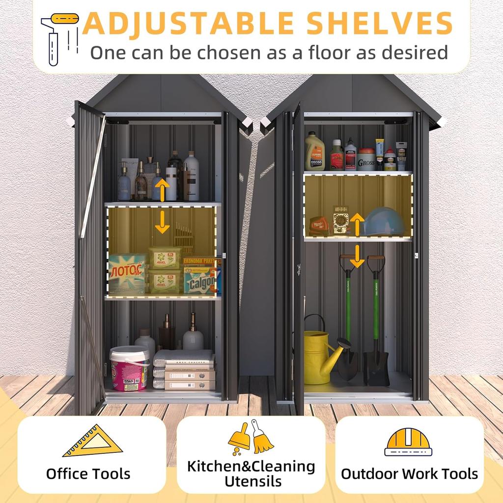 YODOLLA Garden Shed with Base and Lockable Lock, Galvanised Steel, 86 x 55 x 178 cm, Dark Gray