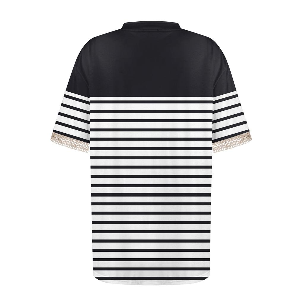Women's Top Loose Casual V-Neck Lace Sleeve T-Shirt Short Sleeve Print Top