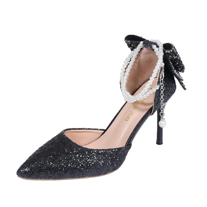 Silver High-heeled Wedding Shoes Women's Thin Heels 2025 New Pointed Rhinestone Bow Two-wear Beaded Chain Single Shoes