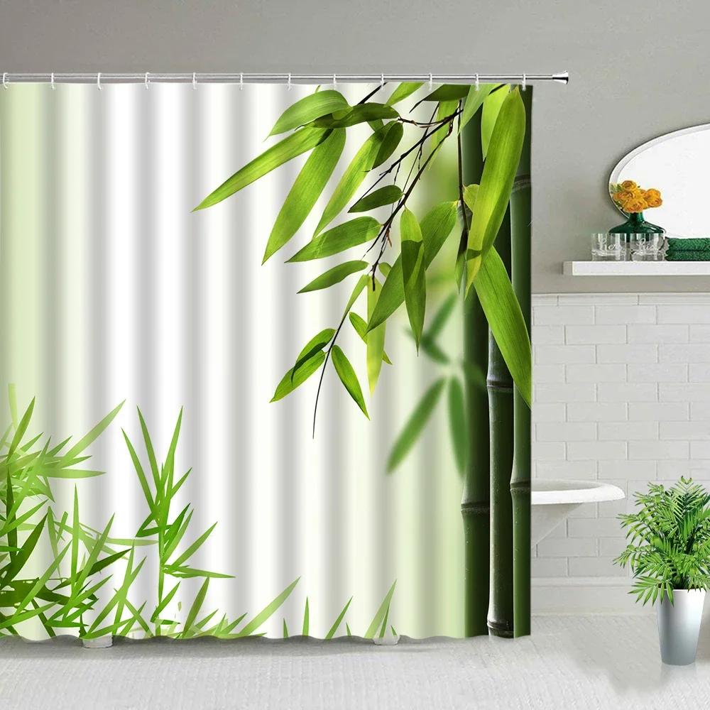 Chinese Style Green Bamboo Series Shower Curtain Set Waterproof Home Bathroom Decor Curtains With Hook Popular Bath Accessories
