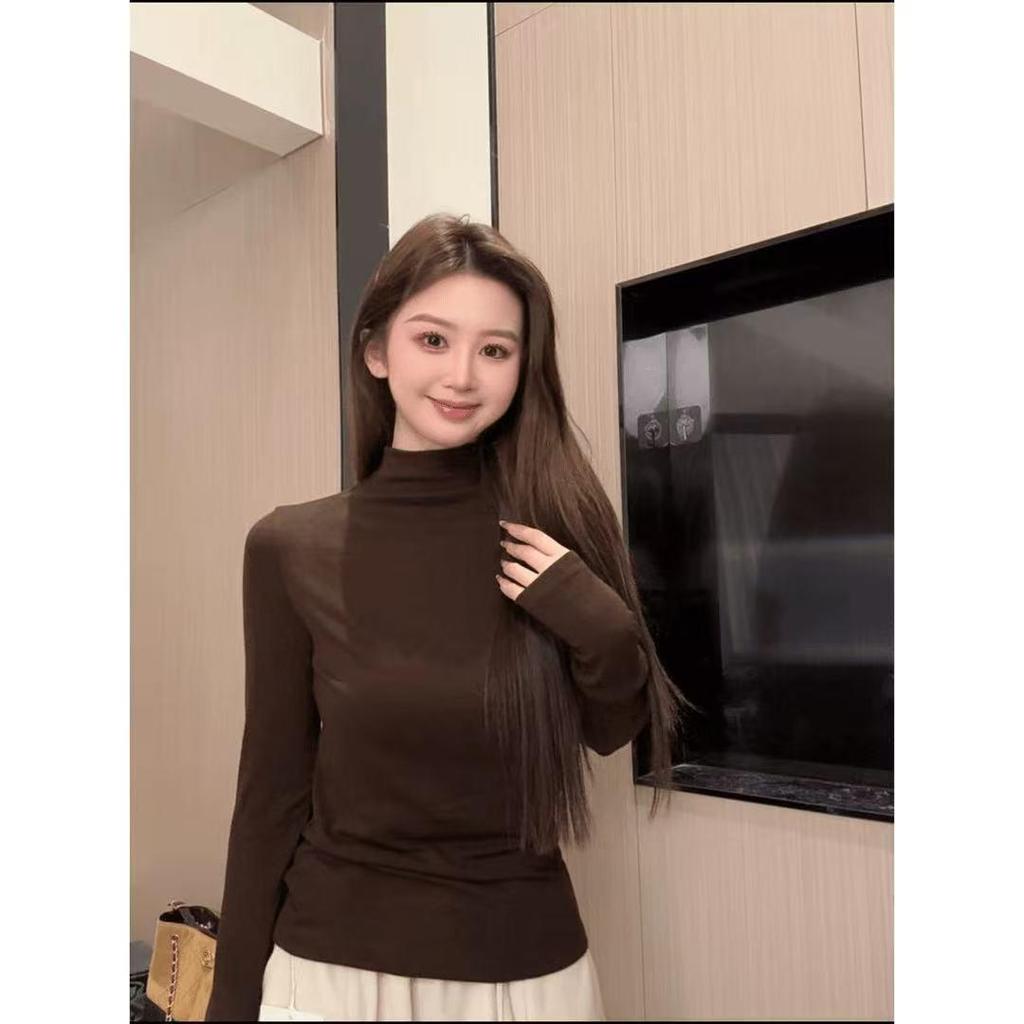 Women's Ribbed German Velvet Warm T-Shirt - Semi-High Neck, Solid Color, Autumn/Winter 2025 Collection