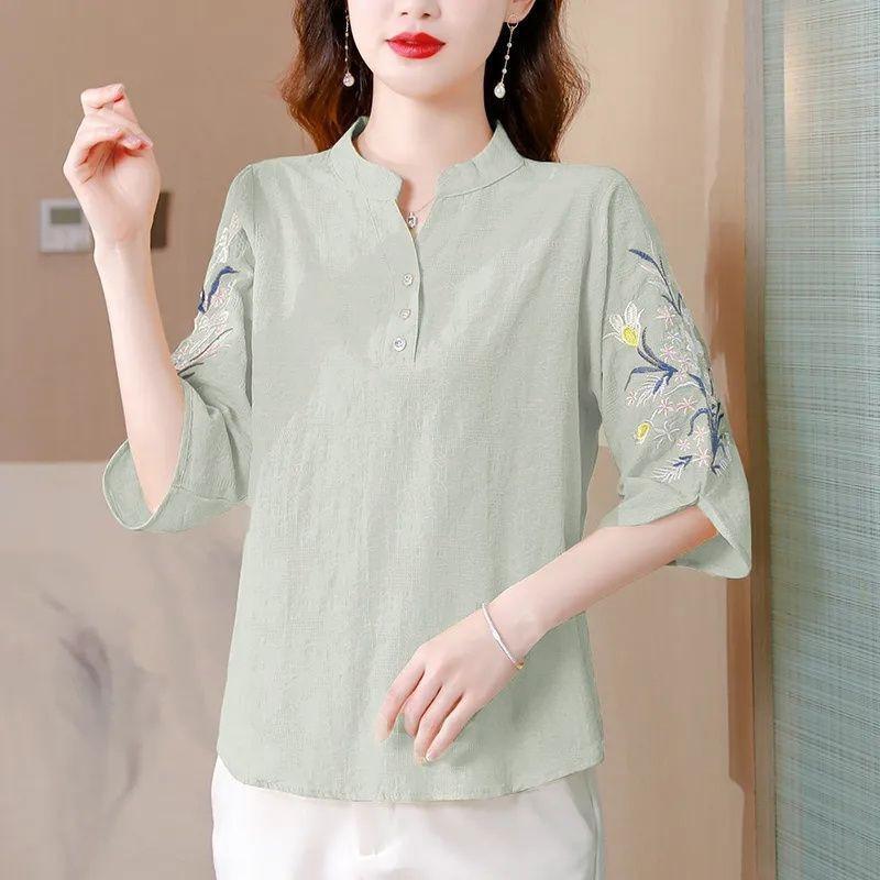Women Summer Stand Collar Half Button Floral Embroidery Half Sleeve Casual Linen Blend Blouse