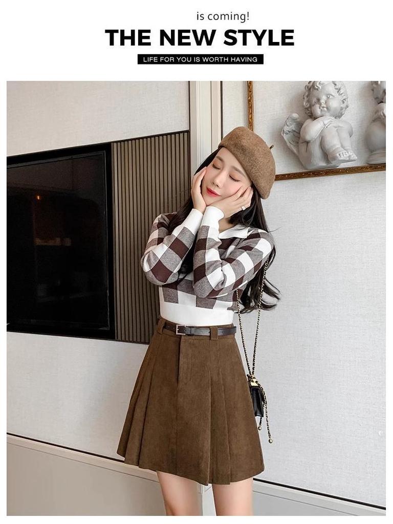 2024 Fall/Winter Korean Waistless Corduroy Pleated Mini Skirt - High Waist A-Line Design