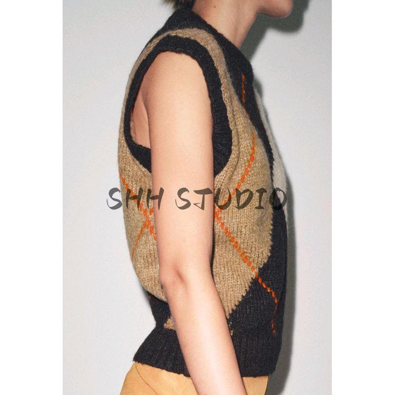 Fall New Women's Clothing American Style Minimalist Round Neck Sleeveless Diamond Pattern Knitting Vest Style Tops 6771110