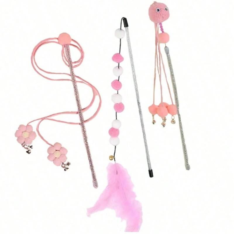 Cat Teaser Wand Set with Floral Tassel Cartoon Design, Interactive Toy for Indoor Play