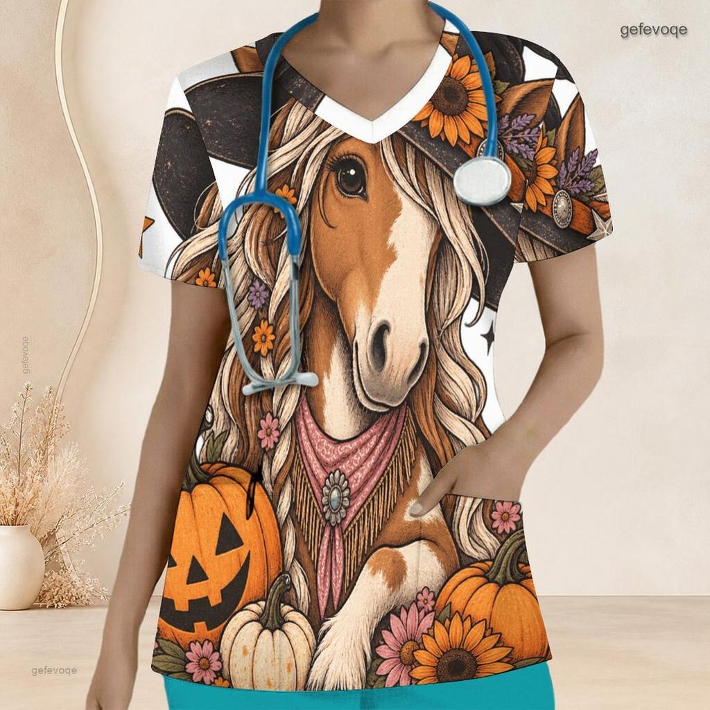 Top de uniforme de enfermera con estampado de caballo occidental, girasol, calabaza, otoño, Halloween, talla grande para mujer, cuello en V, manga corta