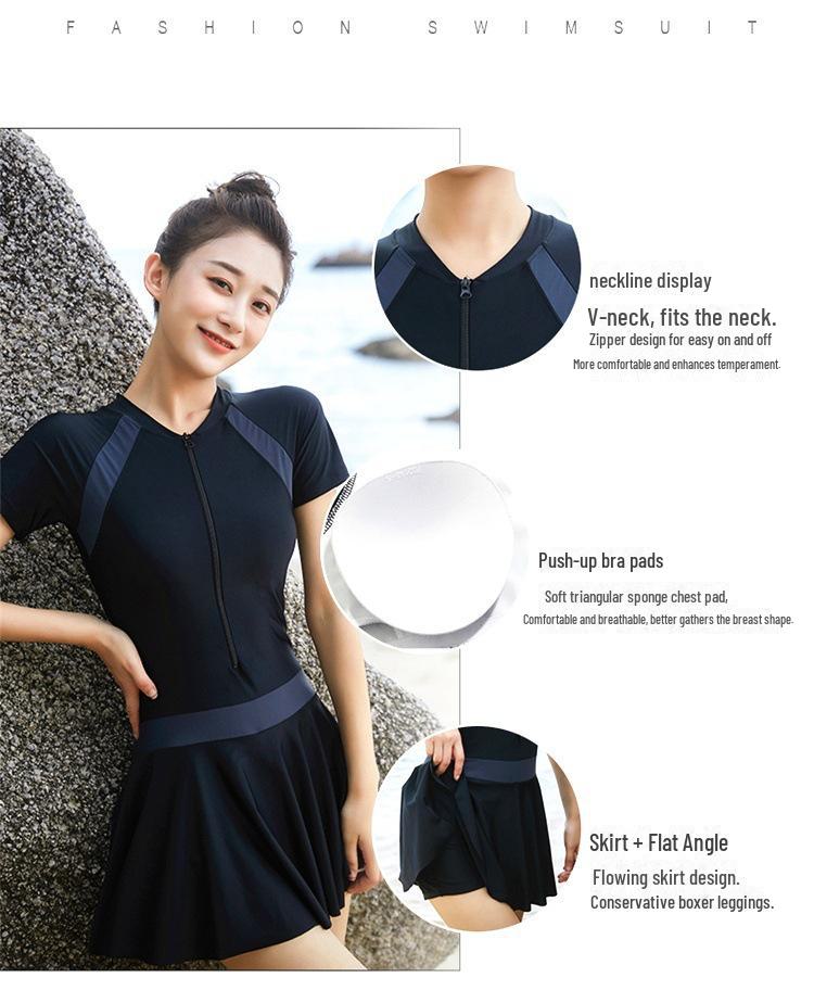 2024 Trending Women's One-Piece Skirt Swimsuit: Color-Contrast, Slimming, Belly-Covering, Conservative, Student Style, Sun-Protective