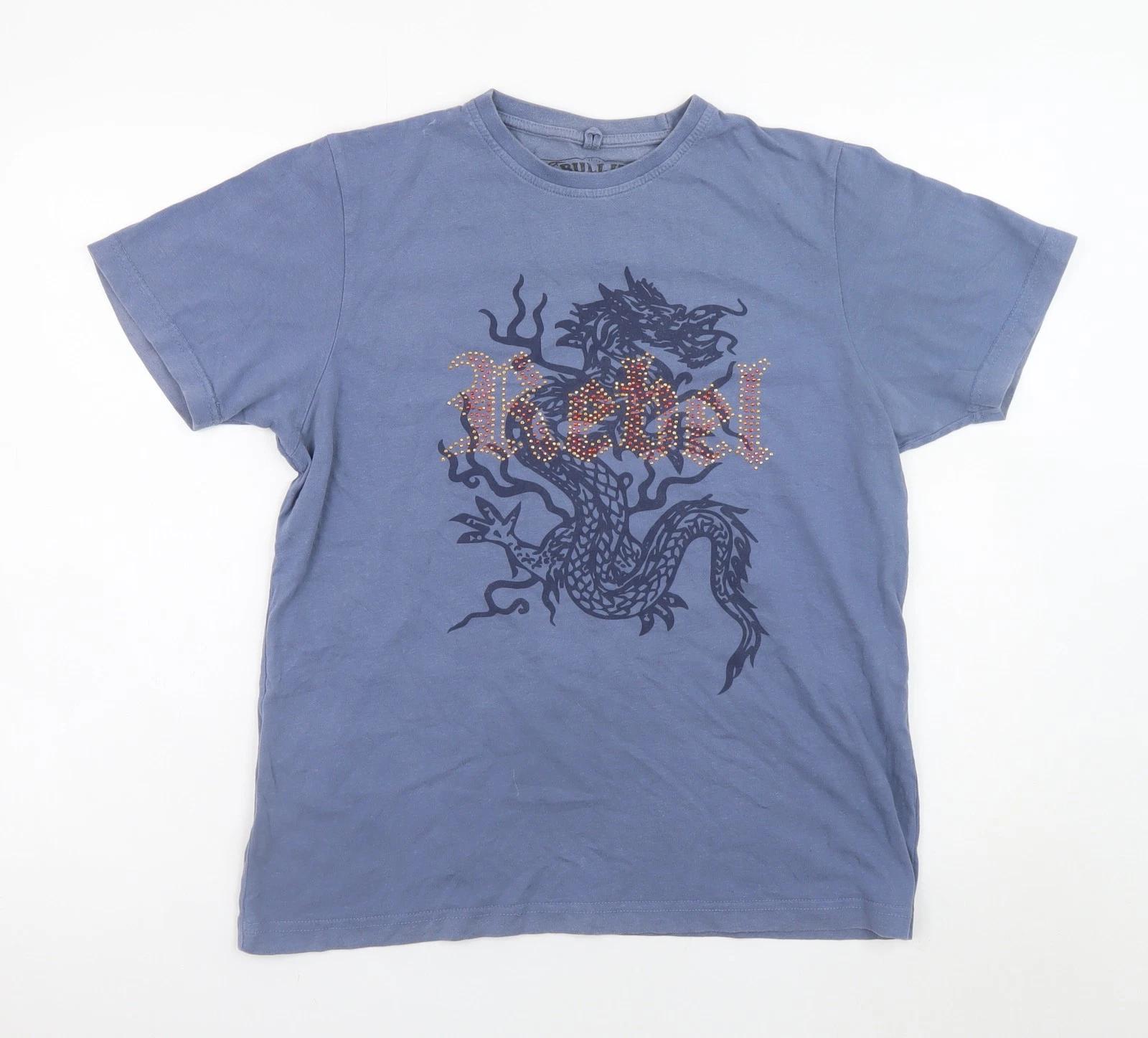 Bullit Womens Blue Rebel Dragon Rhinestone T-Shirt Medium 3XL