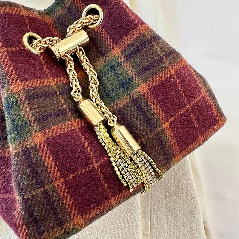 Damen-Umhängetasche mit Kette, neue Retro-Karo-Wolle, einzelne Schultertasche aus Cord