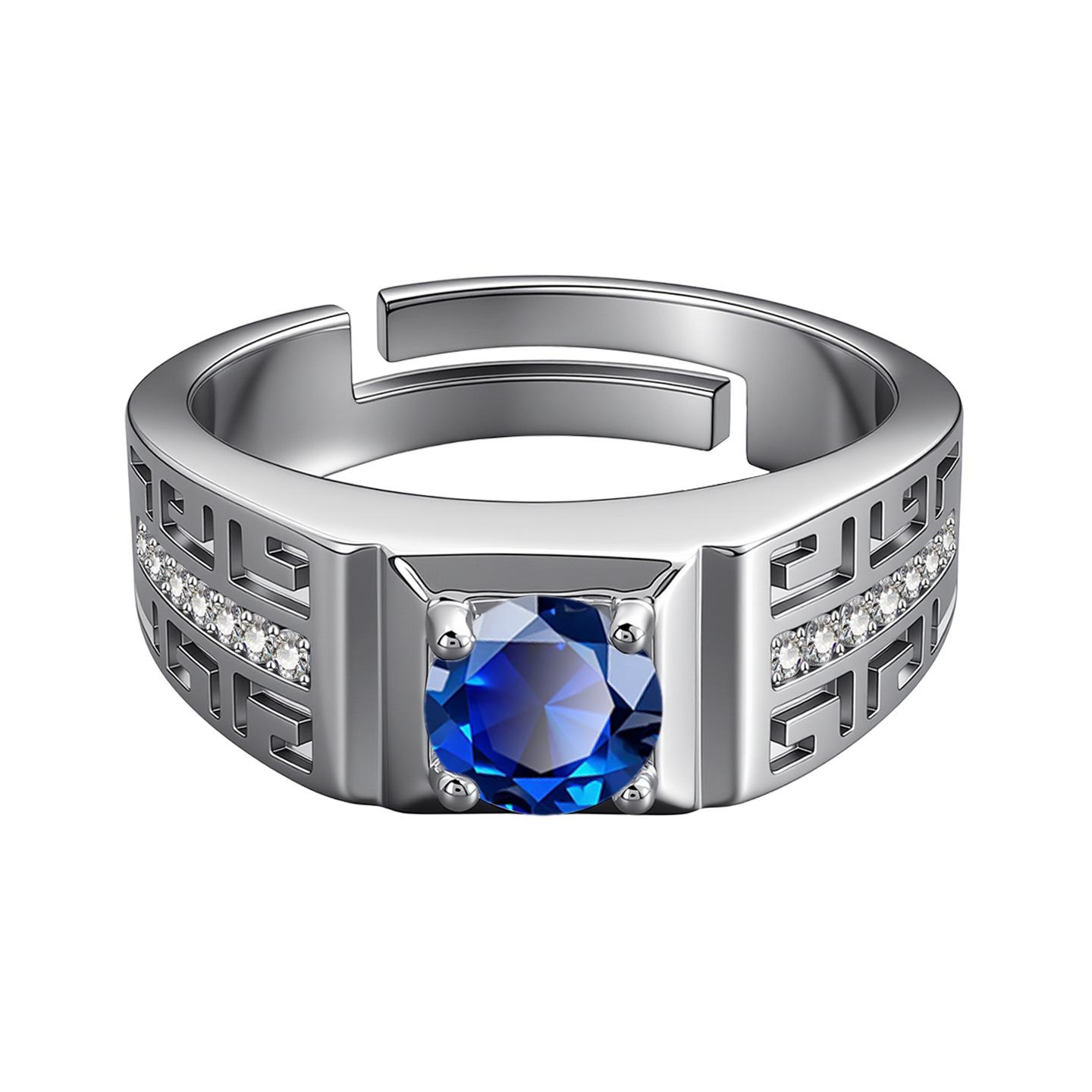 Eco-friendly Copper Chinese Meander Diamond  Colored Gem Inlaid Open Ring Adjustable