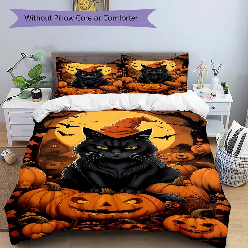 3pcs Cat, Jack-o'-Lantern Duvet Cover Set -Includes 1 Duvet Cover and 2 Pillowcases, No Quilt Core, All-Season Home Decor Yy251111121